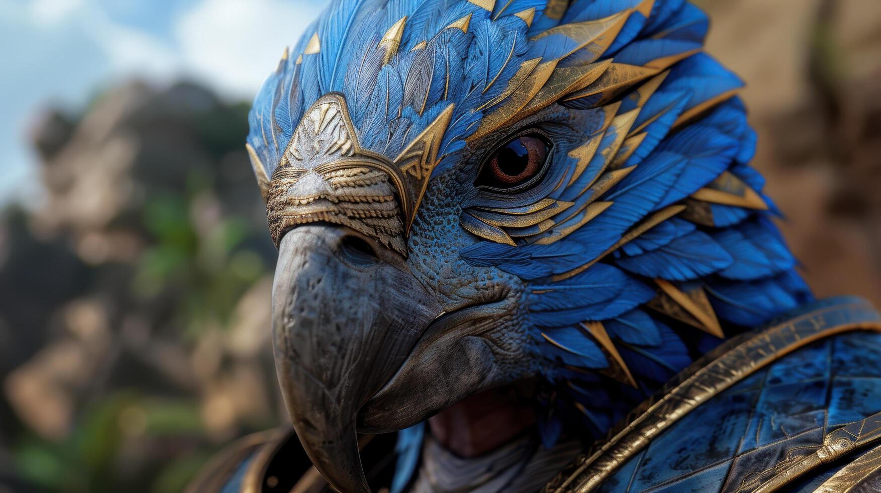 Vibrant blue and gold feathered parrot close up photo