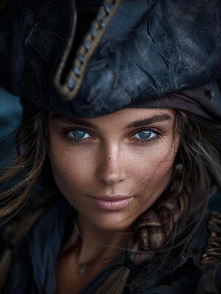 Mysterious woman with piercing blue eyes photo