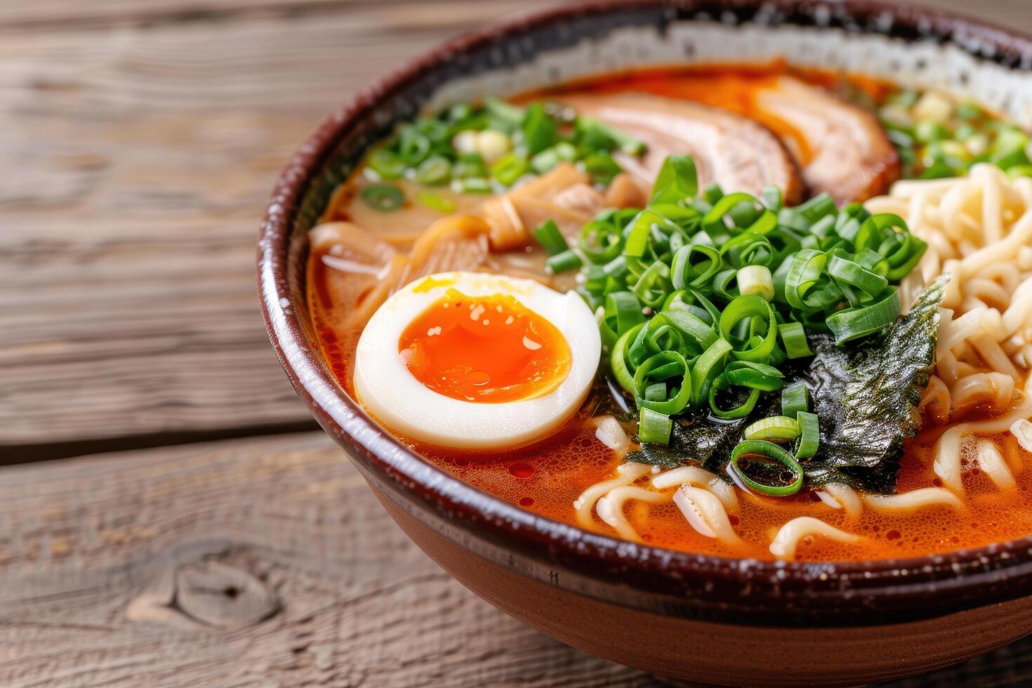 delicious ramen noodle soup with soft boiled egg photo