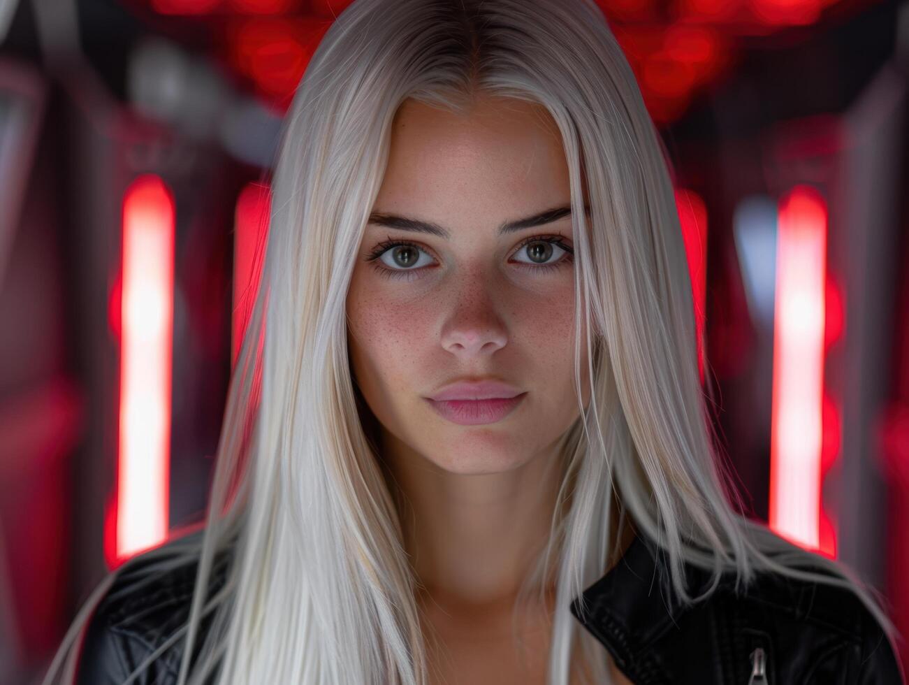 Serious young woman with blonde hair in front of red lights photo