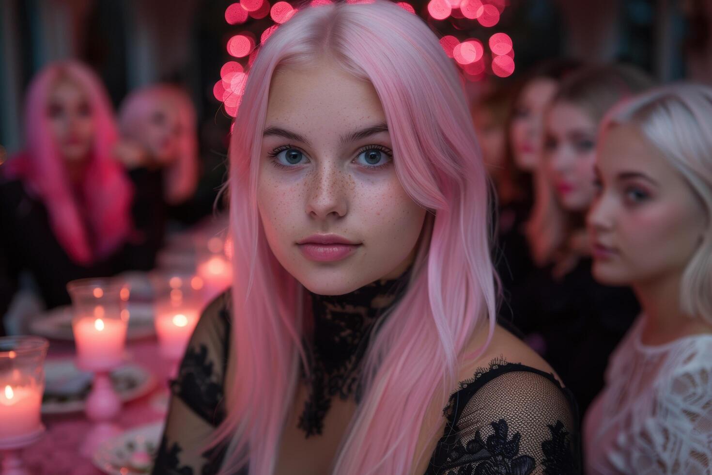 young woman with pink hair and lace dress in nightclub photo