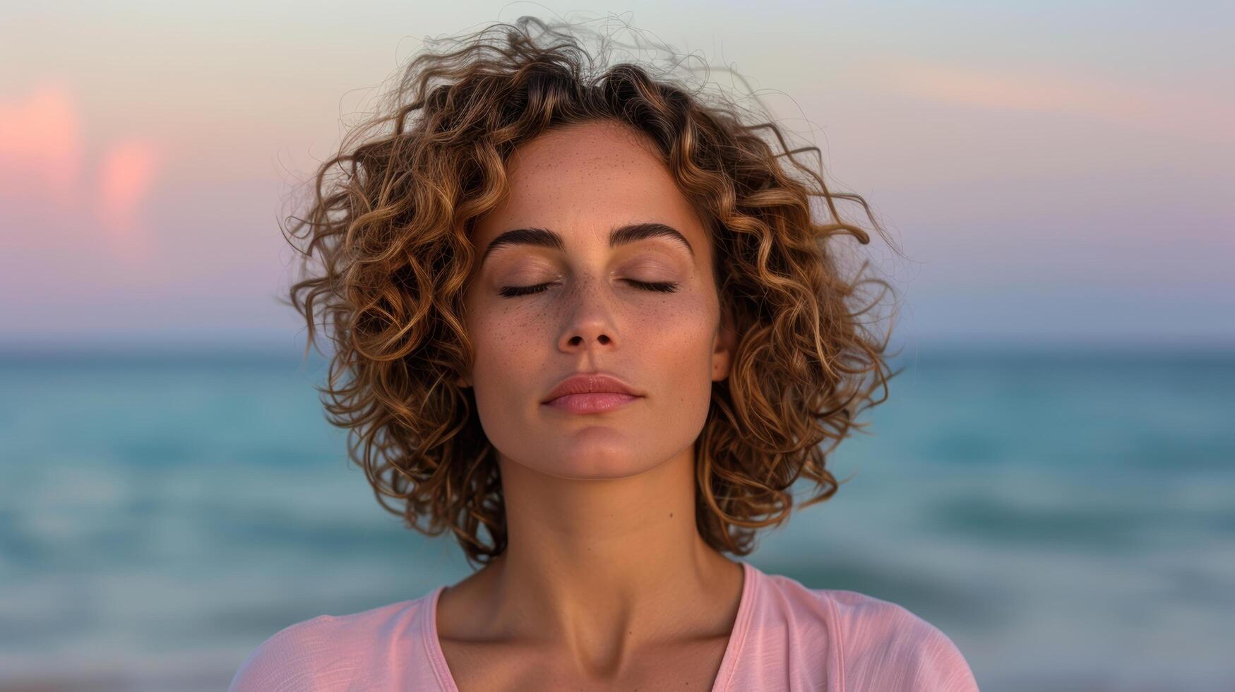 Peaceful woman with curly hair enjoying sunset photo