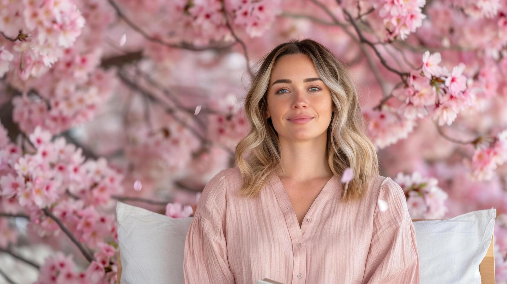 woman in pink blouse surrounded by cherry blossoms photo
