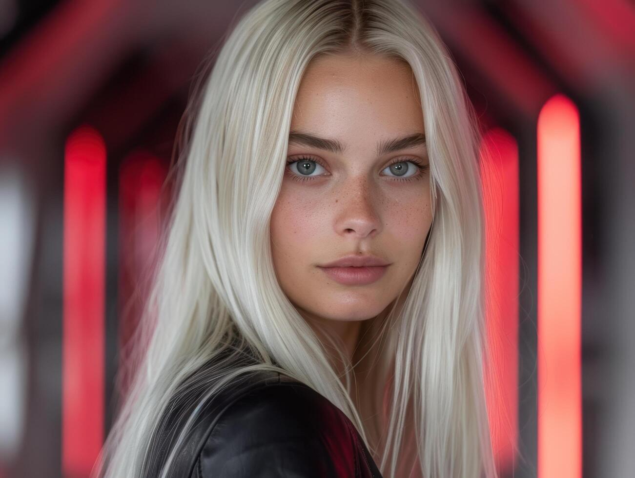 Striking blonde woman with intense gaze photo