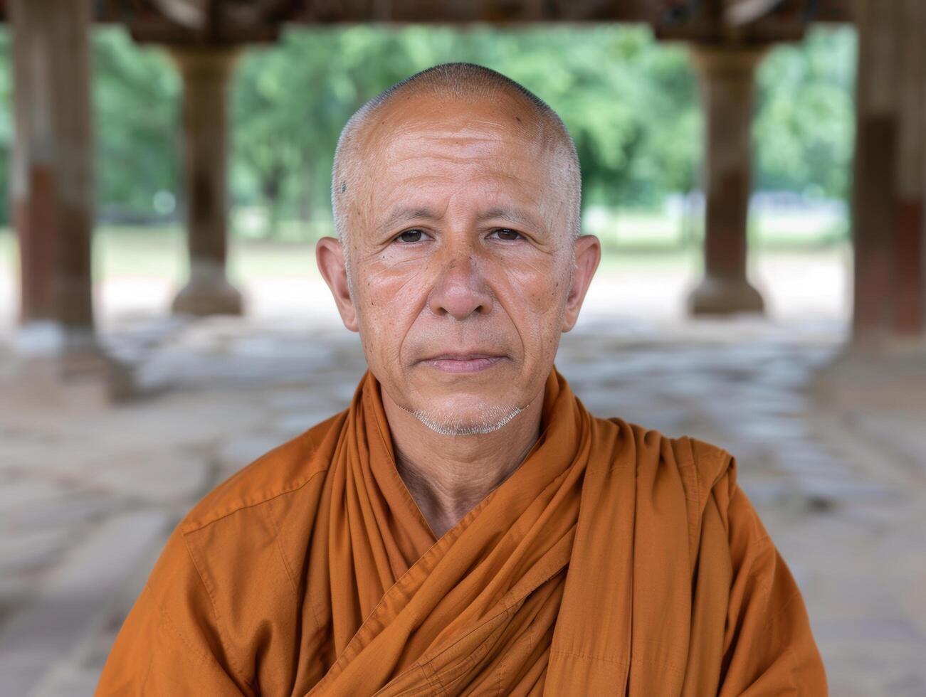 Serene Buddhist monk in orange robe photo