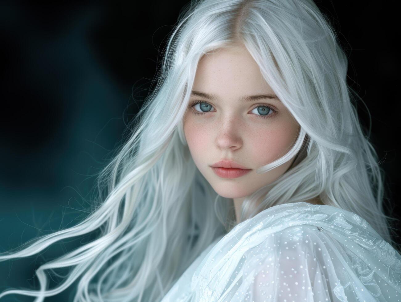 Captivating portrait of a woman with striking white hair and piercing blue eyes photo