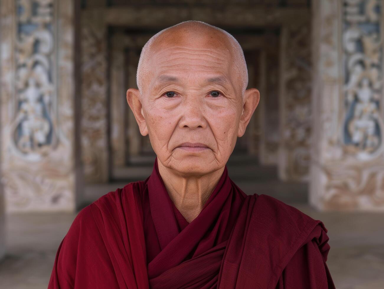 portrait of an elderly asian monk in a red robe photo