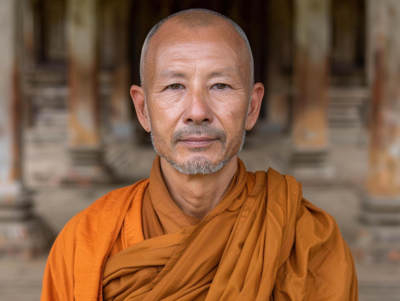 buddhist monk in orange robe with serious expression photo