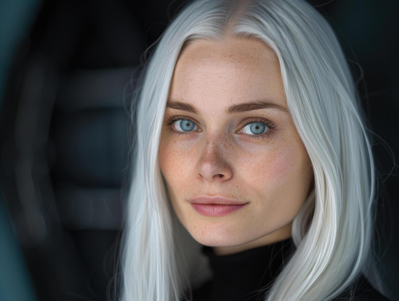 Captivating portrait of a woman with striking blue eyes and platinum blonde hair photo