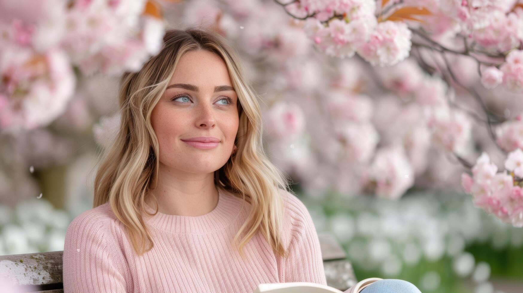 woman enjoying spring blossoms photo
