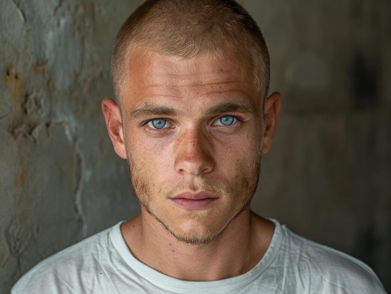 Thoughtful young man with piercing blue eyes photo