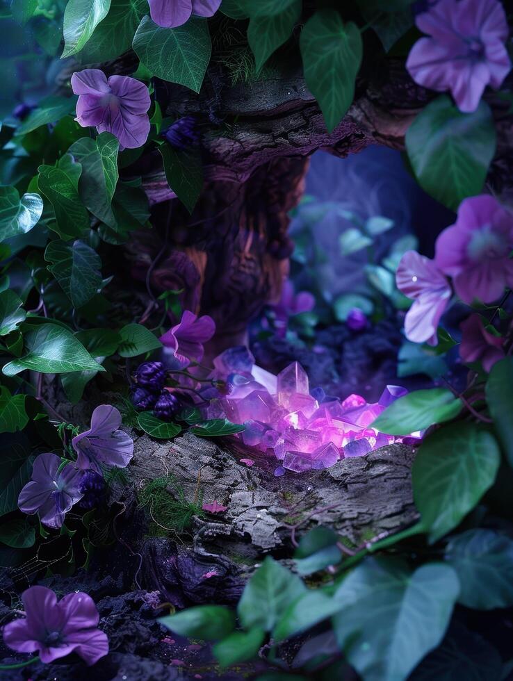 Enchanted forest with glowing purple crystals photo
