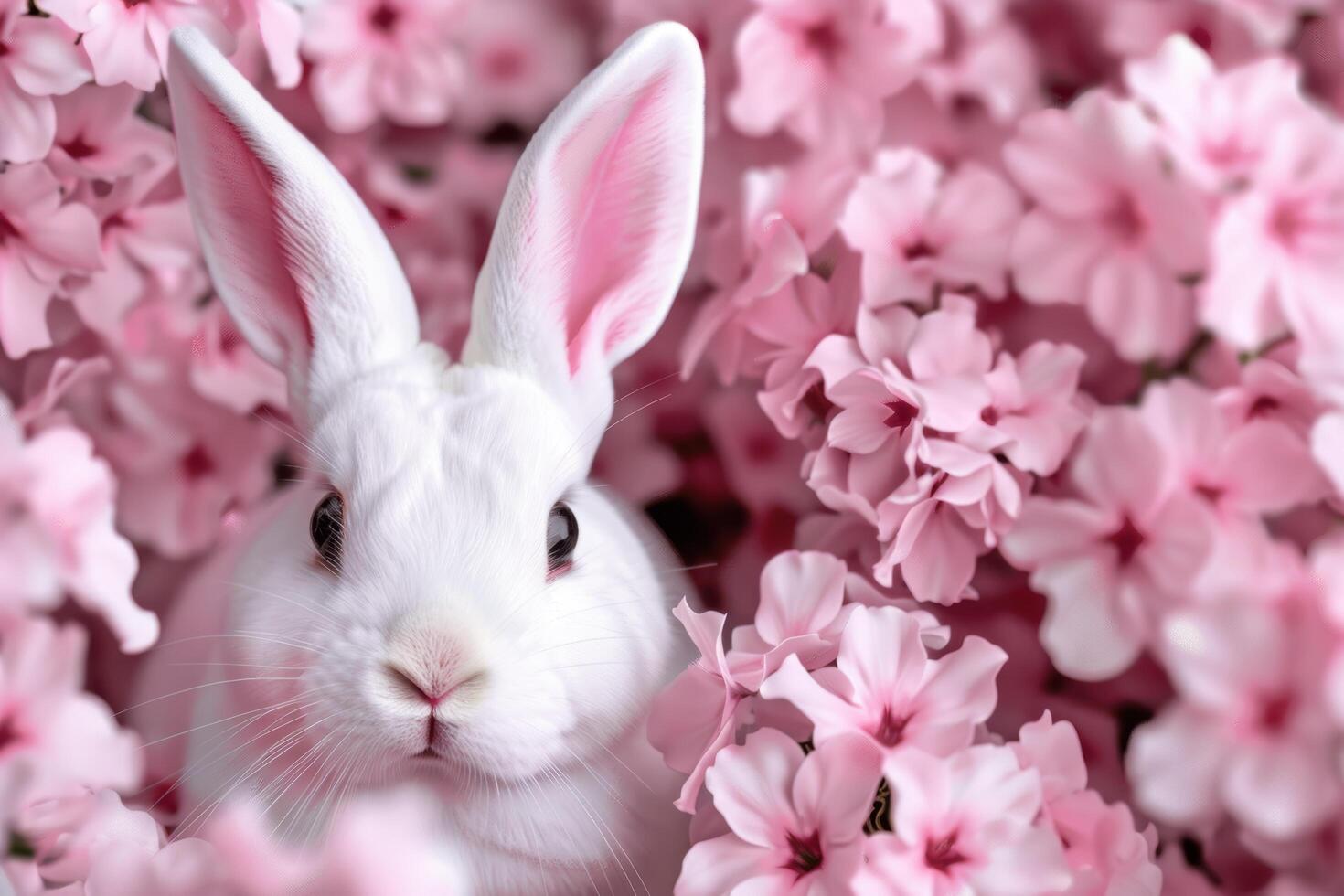 Adorable white rabbit surrounded by pink flowers photo