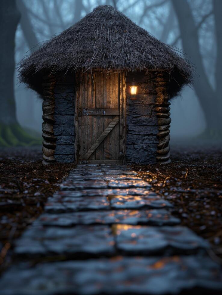 Cozy cabin in the woods on a rainy night photo