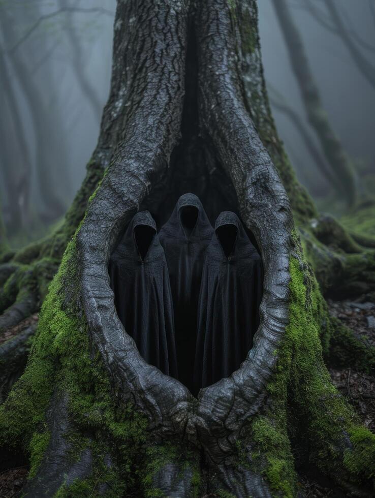 mysterious hooded figures in a dark forest photo