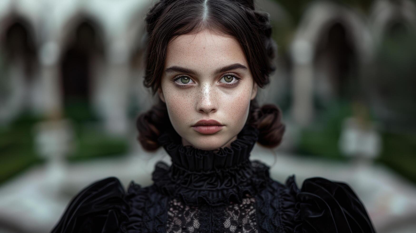 Pensive young woman in black dress photo