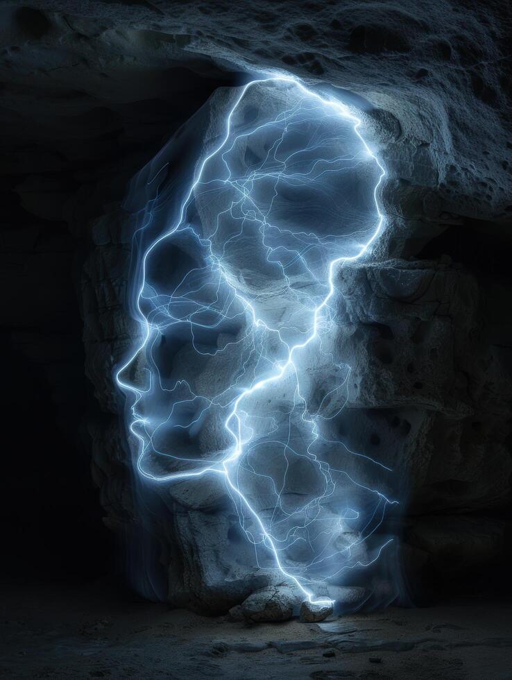 Powerful lightning storm in a dark cave photo