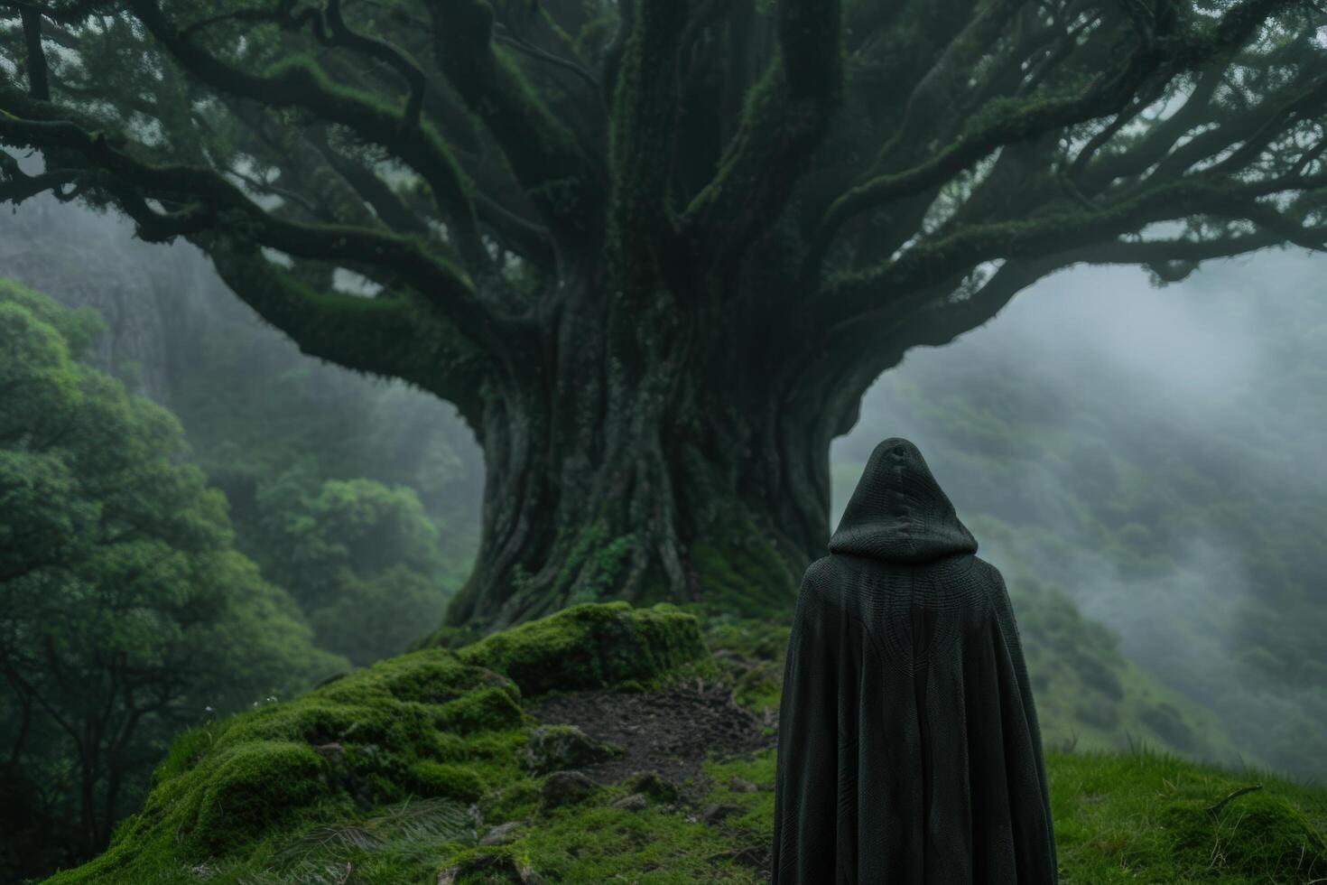 Mysterious hooded figure in a dark, misty forest photo