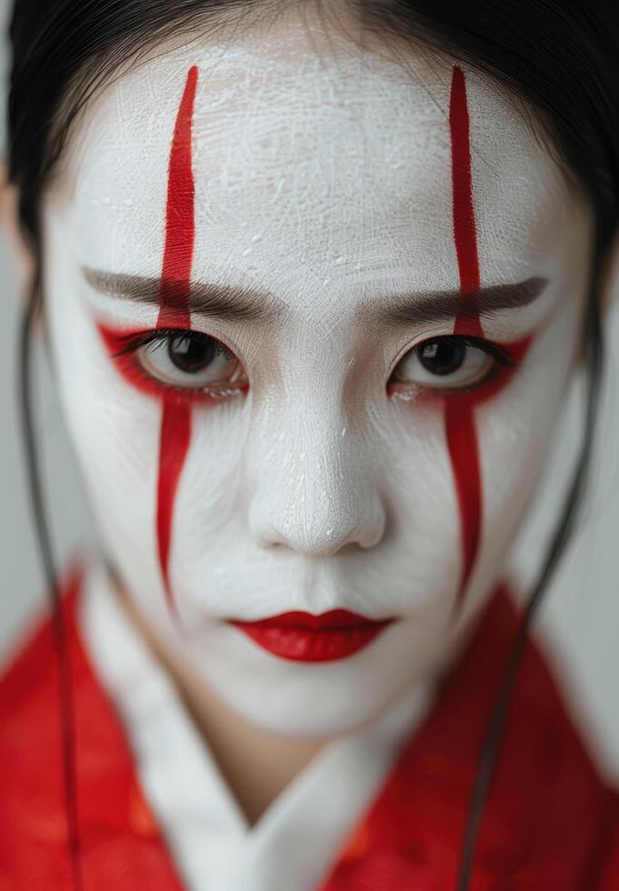 Dramatic face makeup with red lines photo