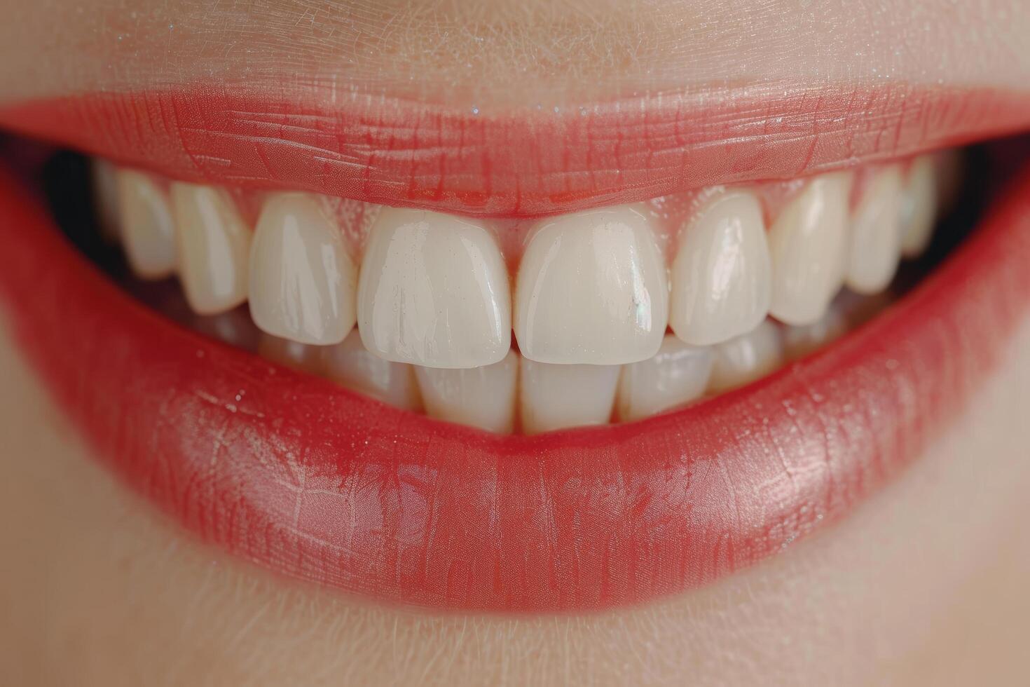 close up of a smiling mouth with white teeth and red lips photo