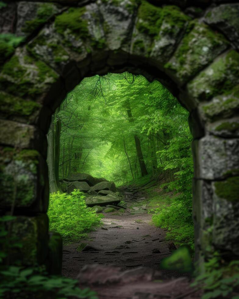 Lush green forest path through stone archway photo