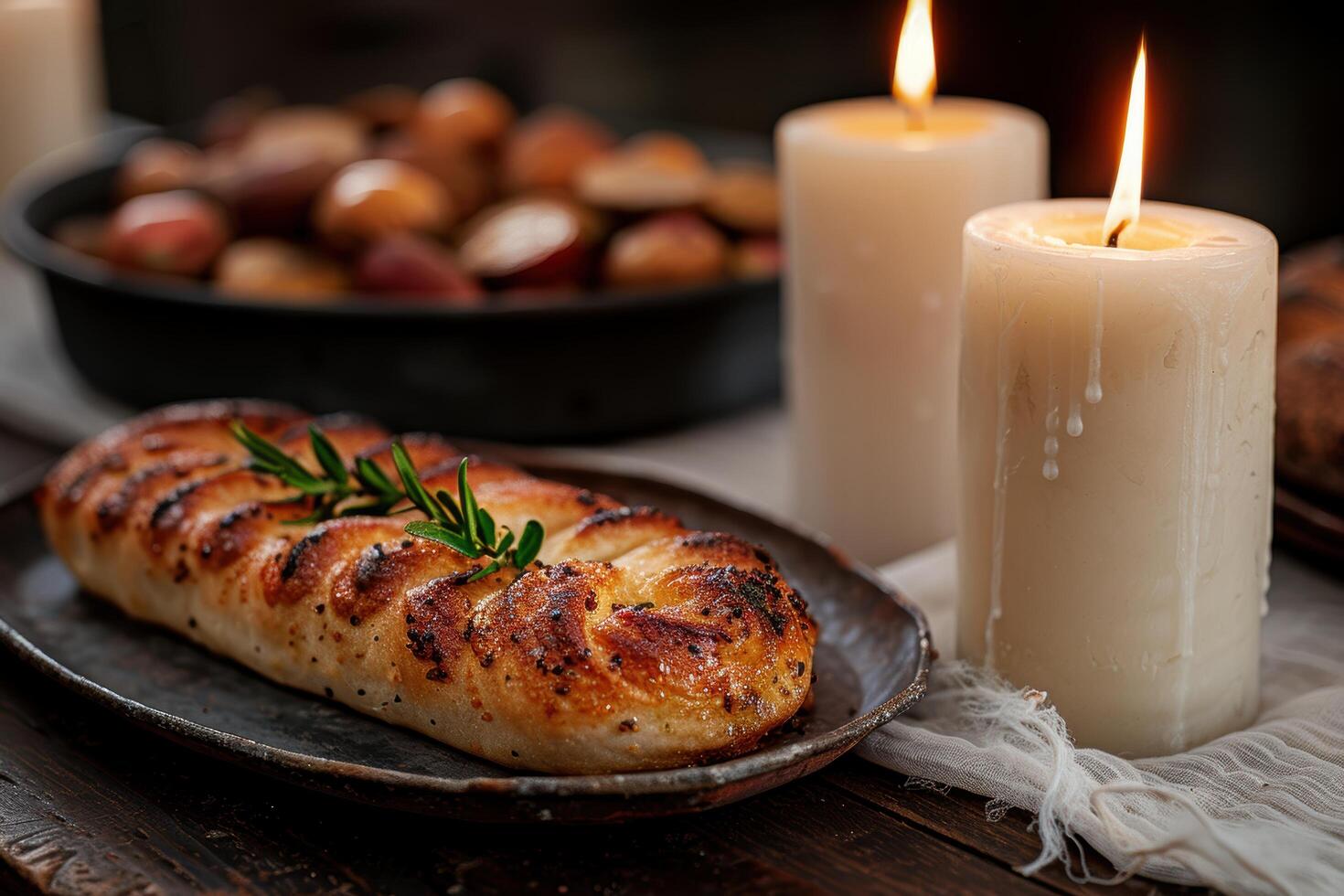 Cozy autumn meal with roasted chestnuts and candles photo