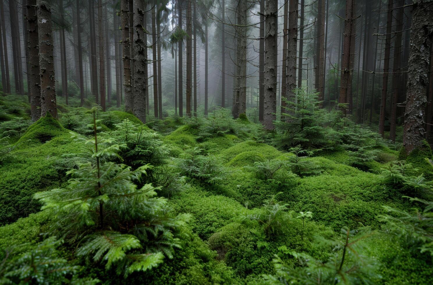 Lush green forest with mossy trees and ferns photo