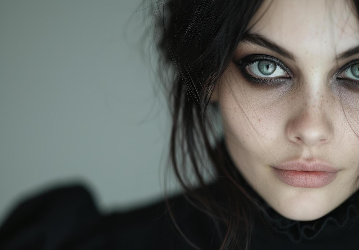 Pensive woman with dark hair and piercing eyes photo