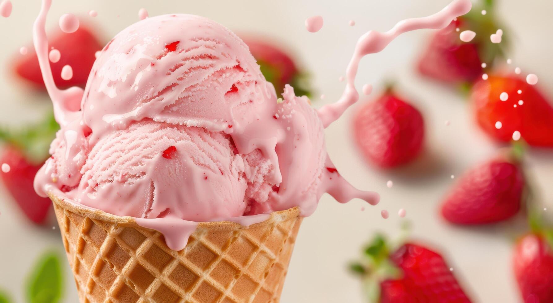 Delicious strawberry ice cream in a waffle cone photo