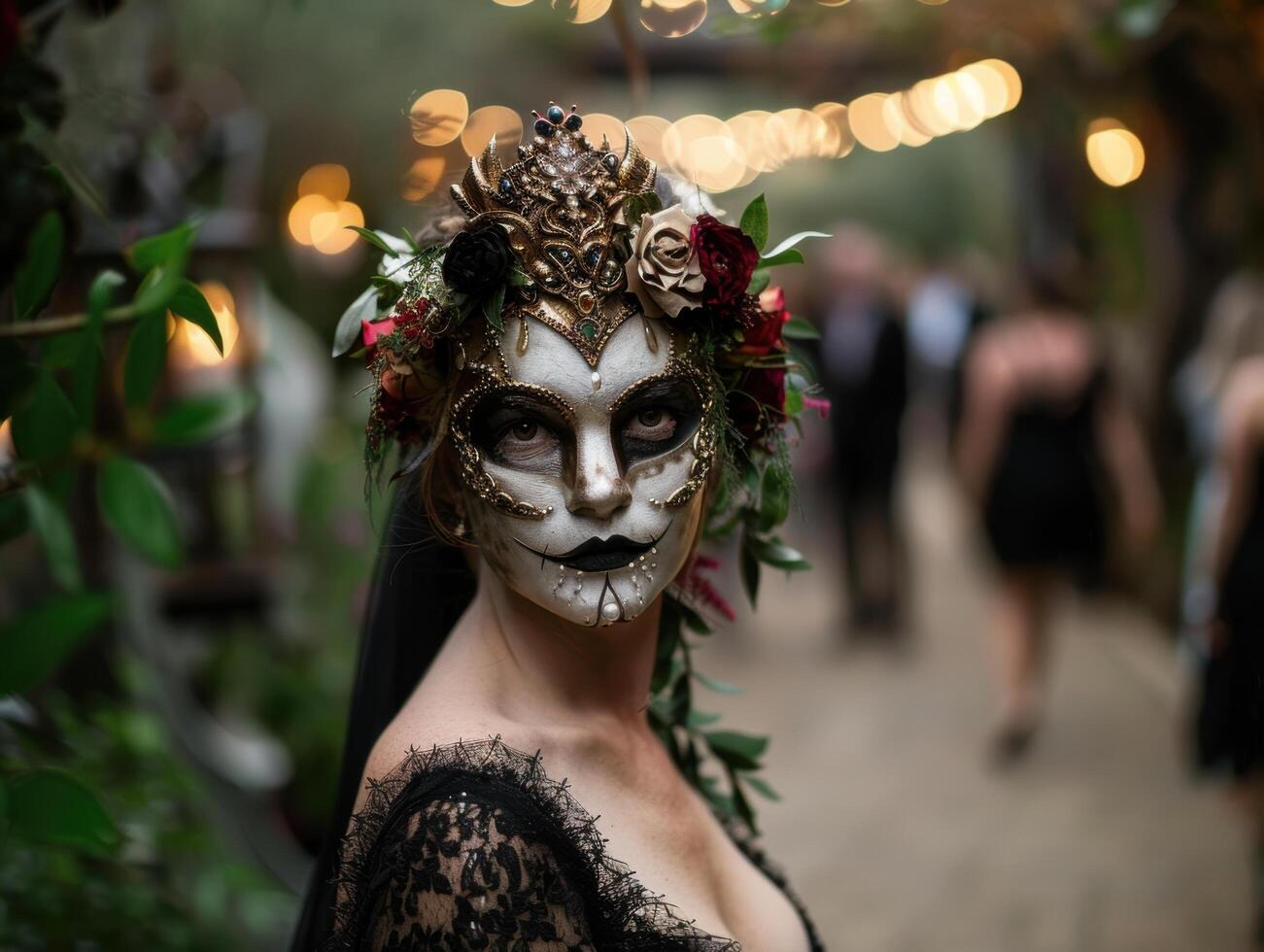 Ornate masked figure in floral headpiece photo