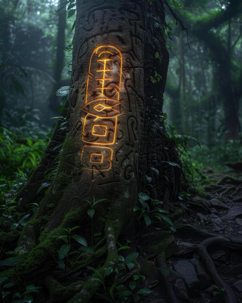 Glowing ancient symbols on tree trunk in dark forest photo