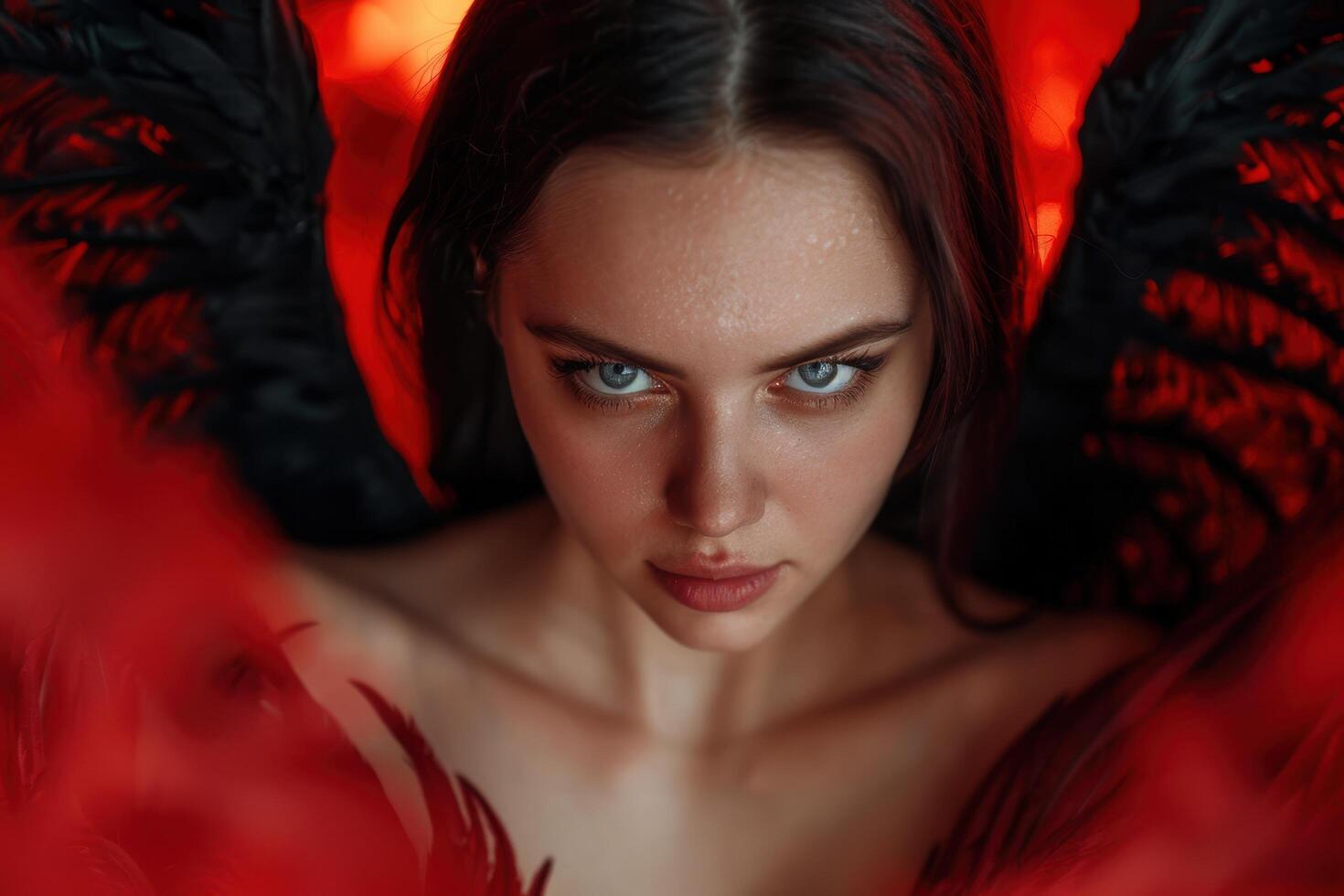 Intense gaze of a mysterious woman in red photo