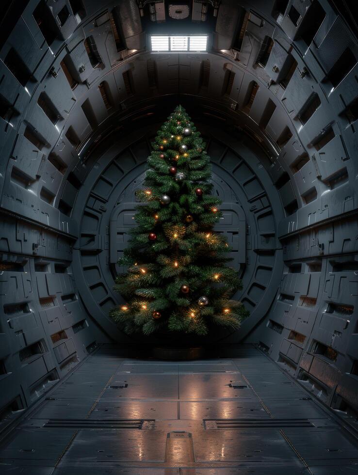 Christmas tree in futuristic sci fi hallway photo
