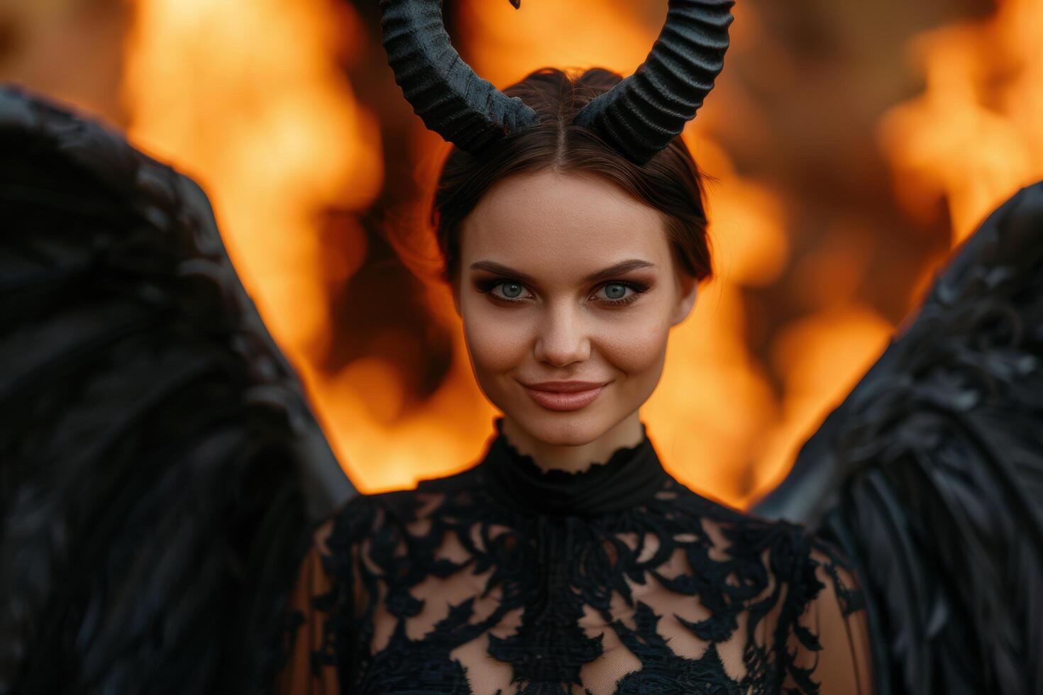 Mysterious woman in black lace dress with horns photo