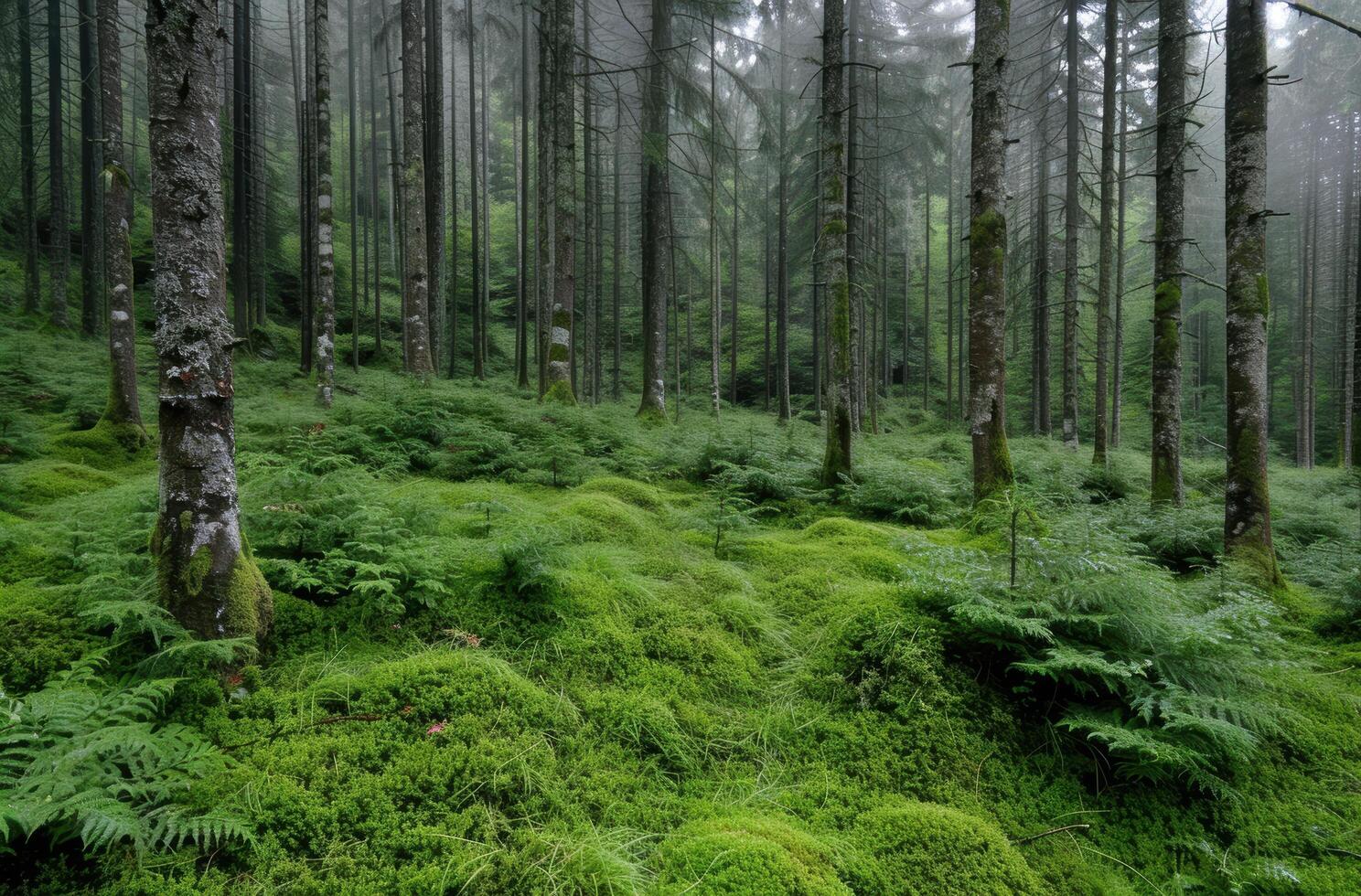 Lush green forest with moss covered trees photo