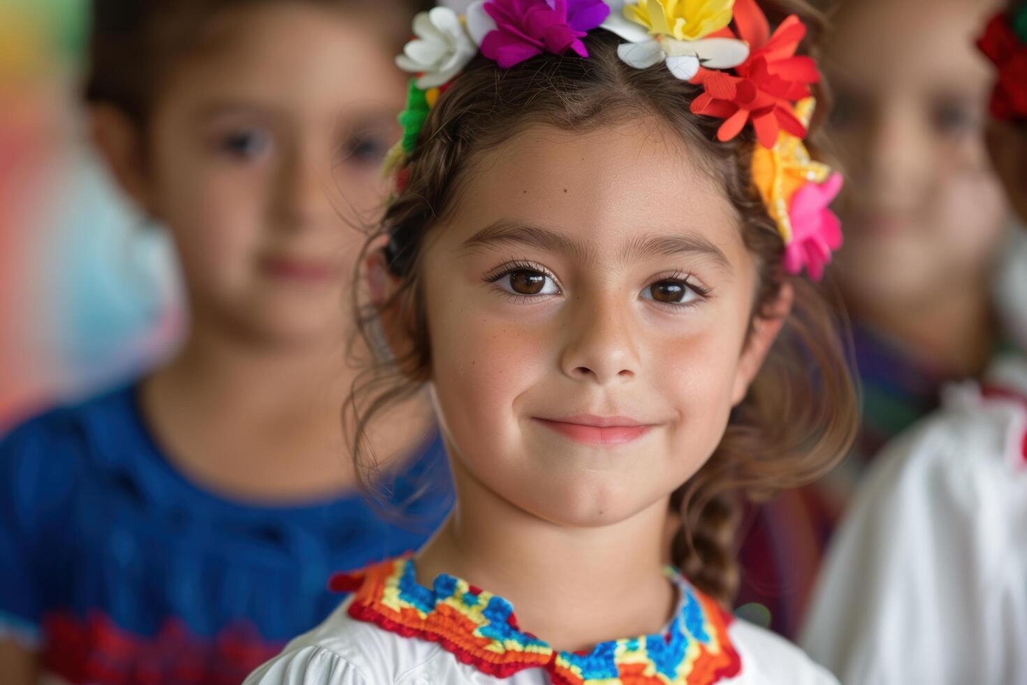 Smiling young girl with colorful flower crown photo