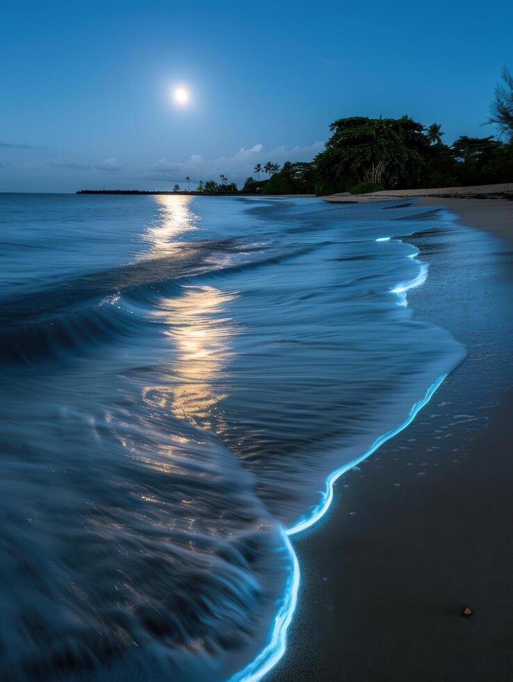 Serene beach scene at night with moonlight reflection photo