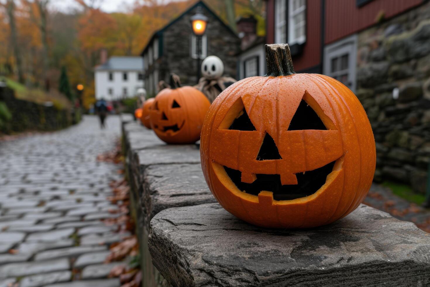Festive Halloween pumpkins and decorations in a quaint village photo