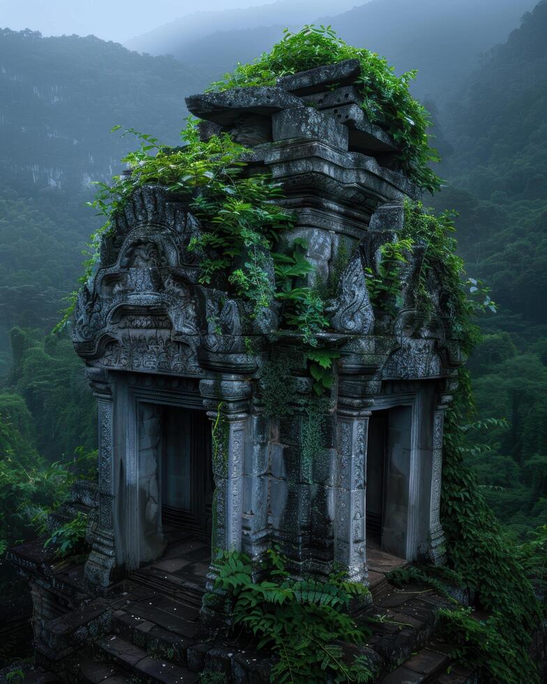 Overgrown ancient stone temple in lush jungle photo