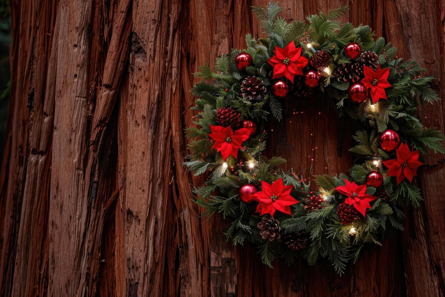 festive christmas wreath with red poinsettia flowers and pine cones photo