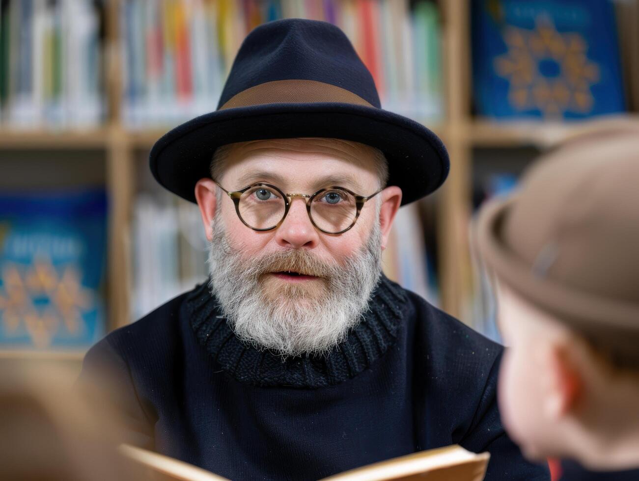 Bearded man in hat and glasses reading book photo
