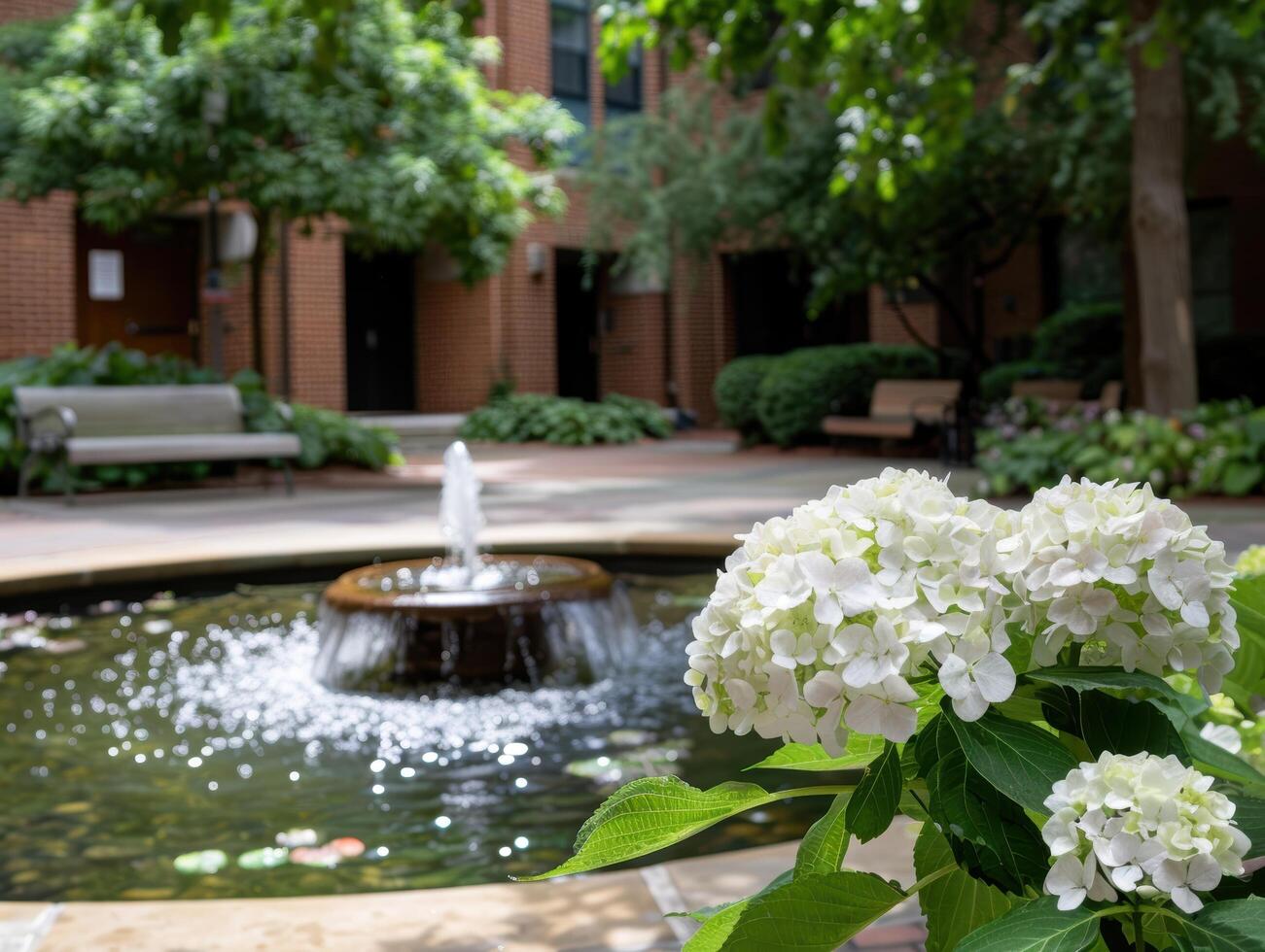 Peaceful garden oasis with blooming hydrangeas and fountain photo