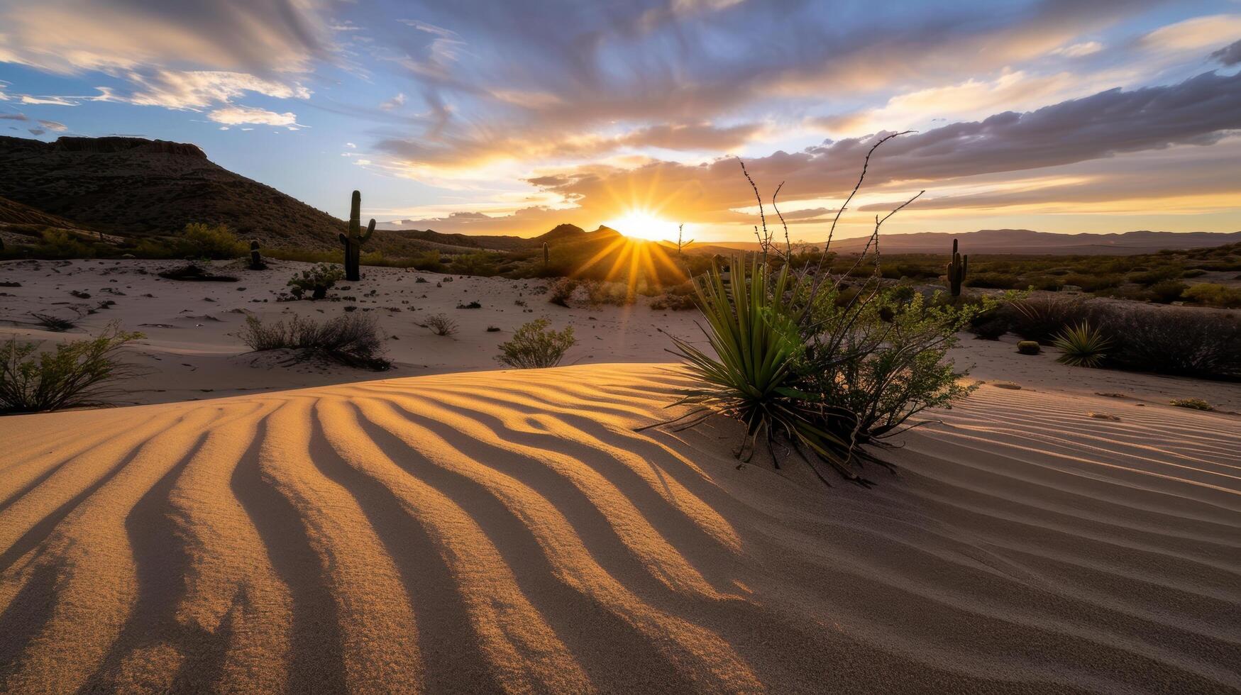 Stunning desert sunset landscape with dramatic clouds and sunbeams photo
