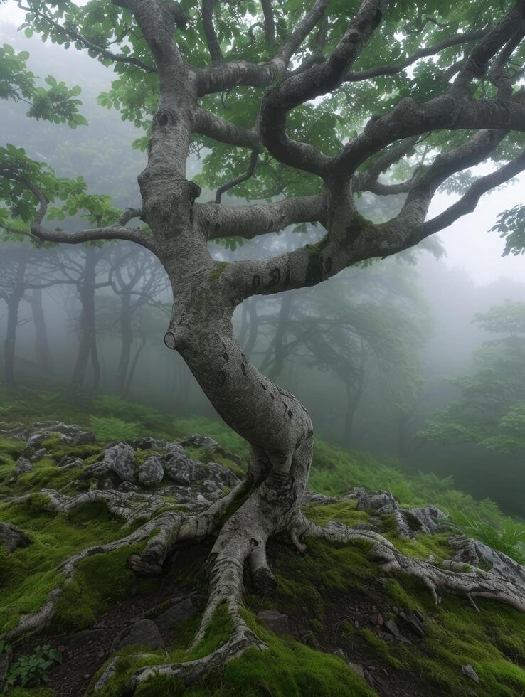 Twisted, gnarled tree in misty forest photo