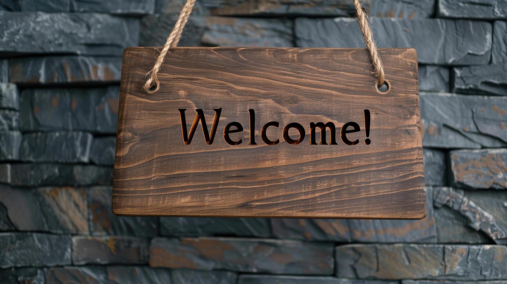 Wooden welcome sign hanging on stone wall photo