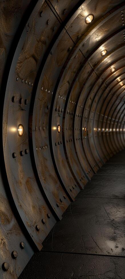 Mysterious industrial tunnel with curved metal walls and lighting photo