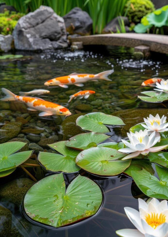 Serene koi pond with lily pads and flowers photo