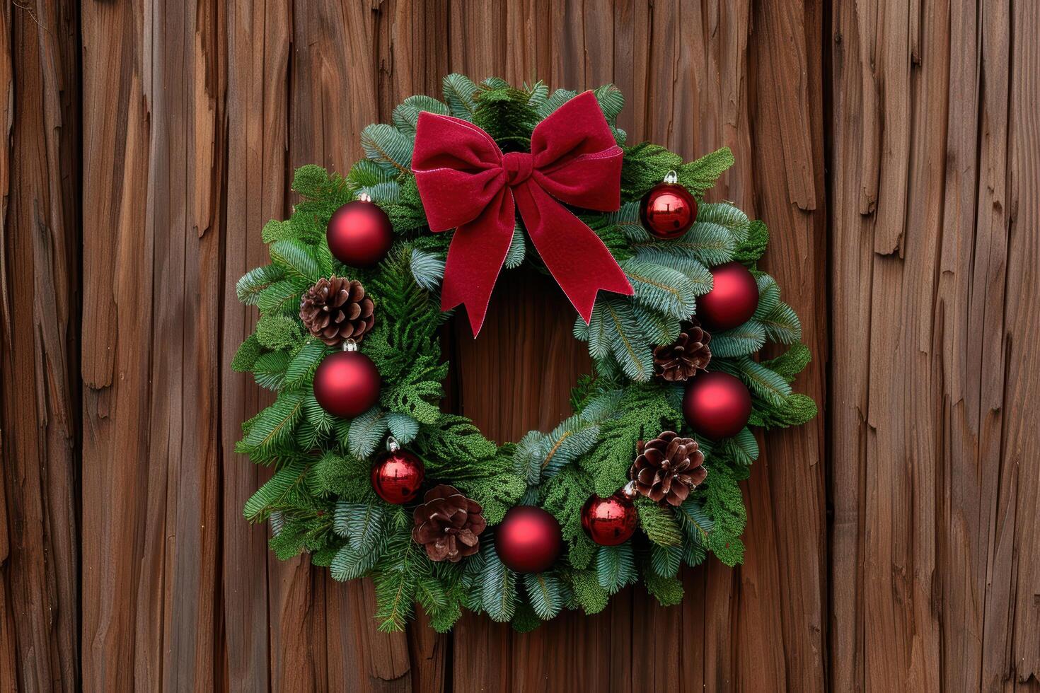 festive christmas wreath with red bow and ornaments photo