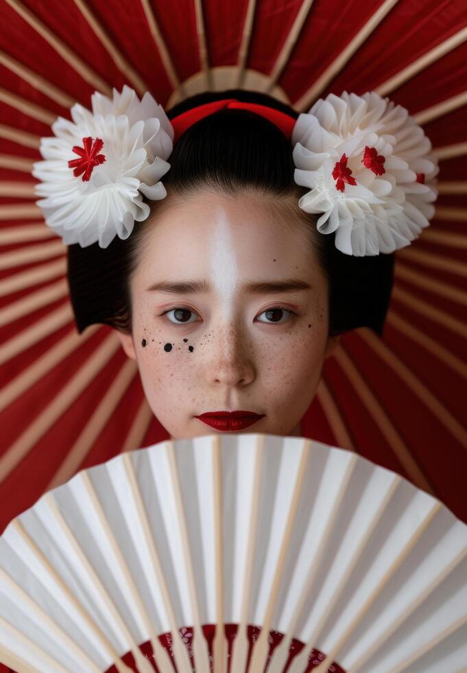 asian woman with floral headpiece and fan photo