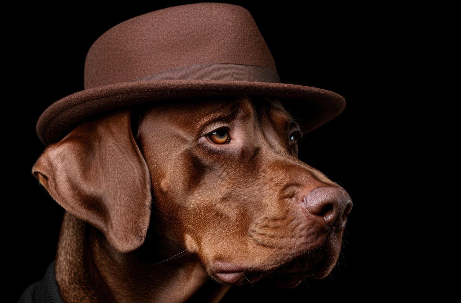 Closeup of a brown dog wearing a hat photo